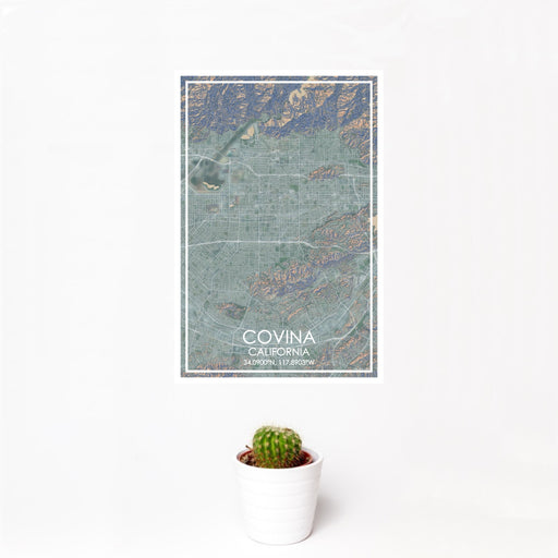 12x18 Covina California Map Print Portrait Orientation in Afternoon Style With Small Cactus Plant in White Planter