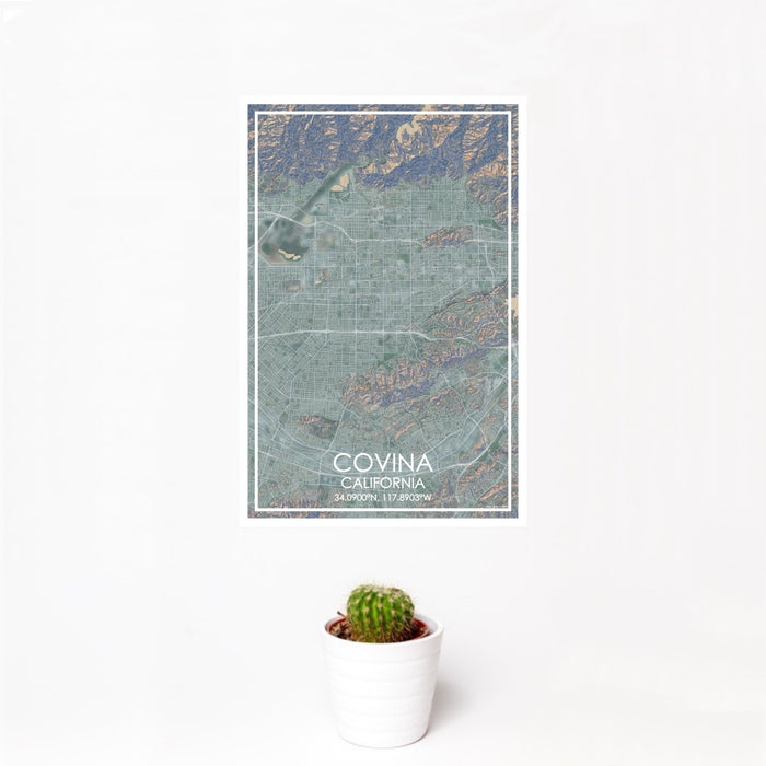 12x18 Covina California Map Print Portrait Orientation in Afternoon Style With Small Cactus Plant in White Planter