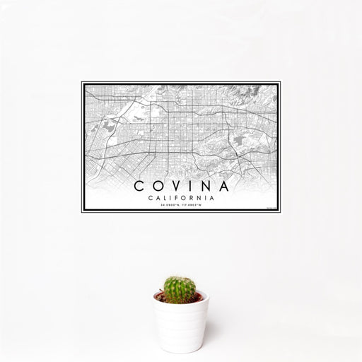 12x18 Covina California Map Print Landscape Orientation in Classic Style With Small Cactus Plant in White Planter