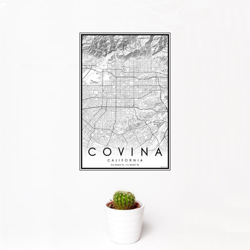 12x18 Covina California Map Print Portrait Orientation in Classic Style With Small Cactus Plant in White Planter