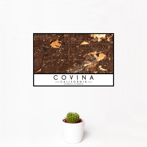 12x18 Covina California Map Print Landscape Orientation in Ember Style With Small Cactus Plant in White Planter