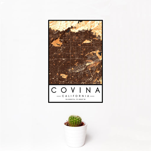 12x18 Covina California Map Print Portrait Orientation in Ember Style With Small Cactus Plant in White Planter