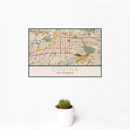 12x18 Covina California Map Print Landscape Orientation in Woodblock Style With Small Cactus Plant in White Planter