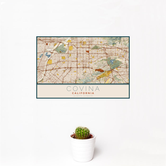 12x18 Covina California Map Print Landscape Orientation in Woodblock Style With Small Cactus Plant in White Planter