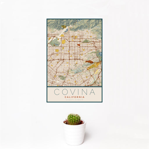 12x18 Covina California Map Print Portrait Orientation in Woodblock Style With Small Cactus Plant in White Planter