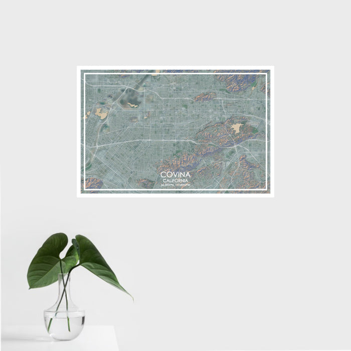 16x24 Covina California Map Print Landscape Orientation in Afternoon Style With Tropical Plant Leaves in Water