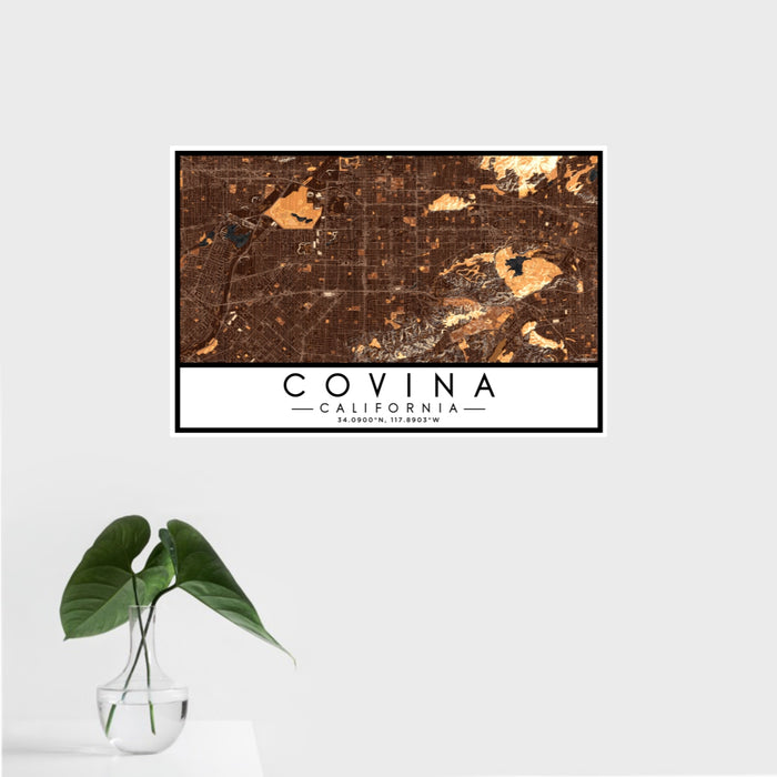 16x24 Covina California Map Print Landscape Orientation in Ember Style With Tropical Plant Leaves in Water