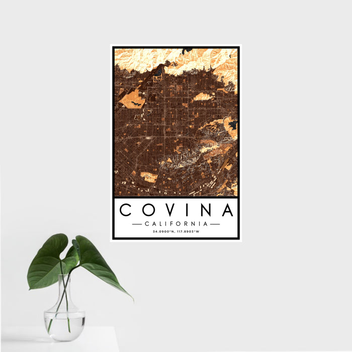 16x24 Covina California Map Print Portrait Orientation in Ember Style With Tropical Plant Leaves in Water