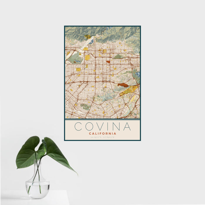 16x24 Covina California Map Print Portrait Orientation in Woodblock Style With Tropical Plant Leaves in Water