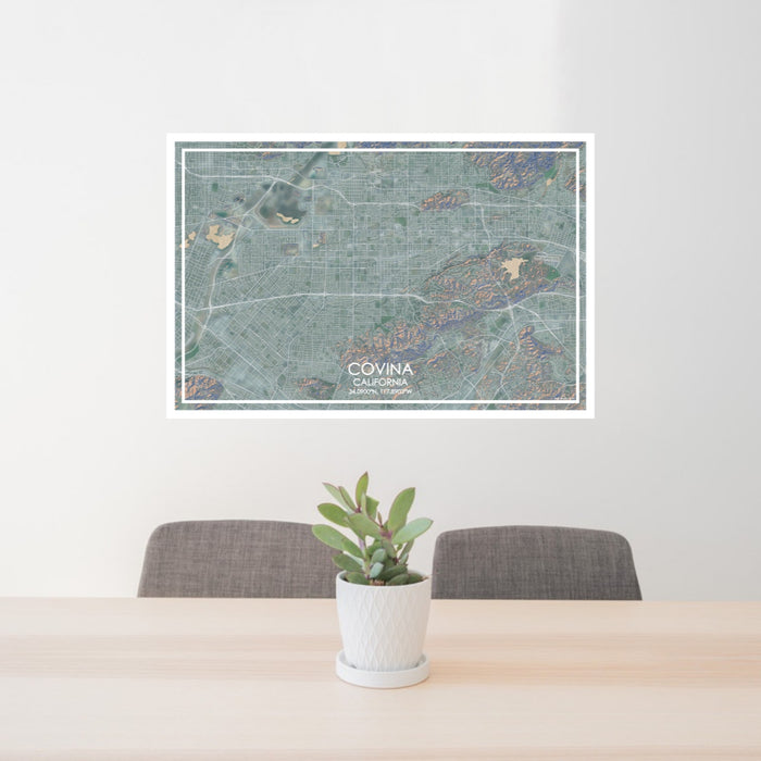 24x36 Covina California Map Print Lanscape Orientation in Afternoon Style Behind 2 Chairs Table and Potted Plant