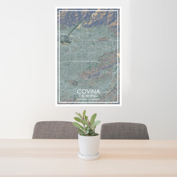 24x36 Covina California Map Print Portrait Orientation in Afternoon Style Behind 2 Chairs Table and Potted Plant