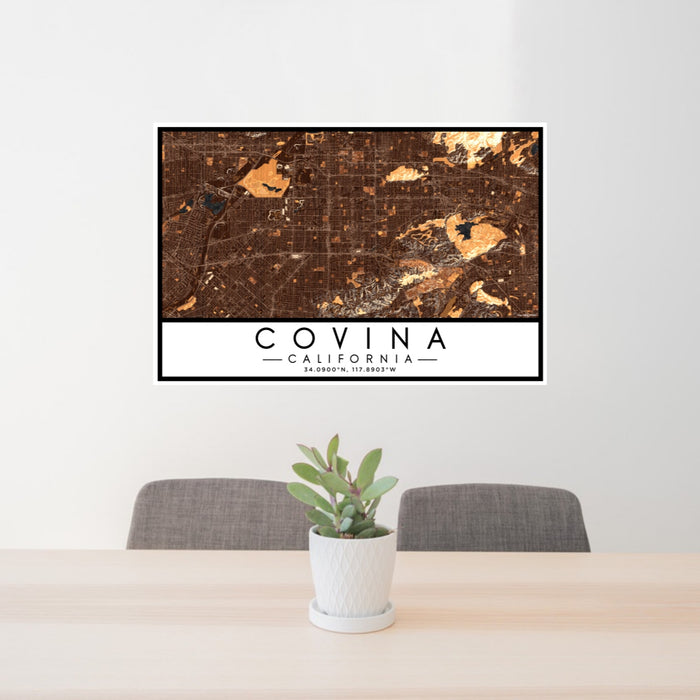 24x36 Covina California Map Print Lanscape Orientation in Ember Style Behind 2 Chairs Table and Potted Plant