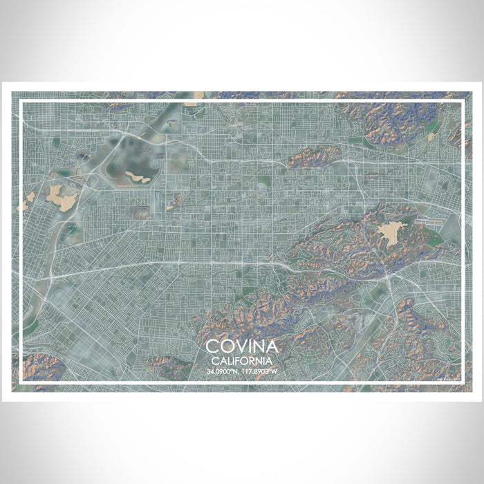 Covina California Map Print Landscape Orientation in Afternoon Style With Shaded Background