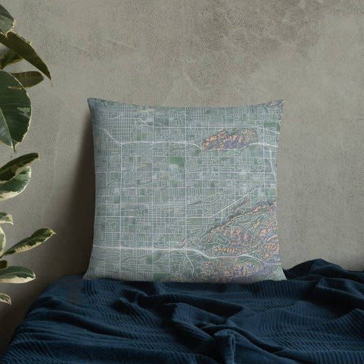 Custom Covina California Map Throw Pillow in Afternoon on Bedding Against Wall