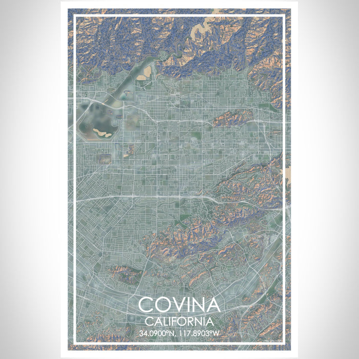 Covina California Map Print Portrait Orientation in Afternoon Style With Shaded Background