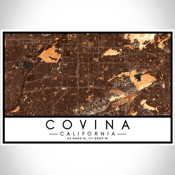 Covina California Map Print Landscape Orientation in Ember Style With Shaded Background