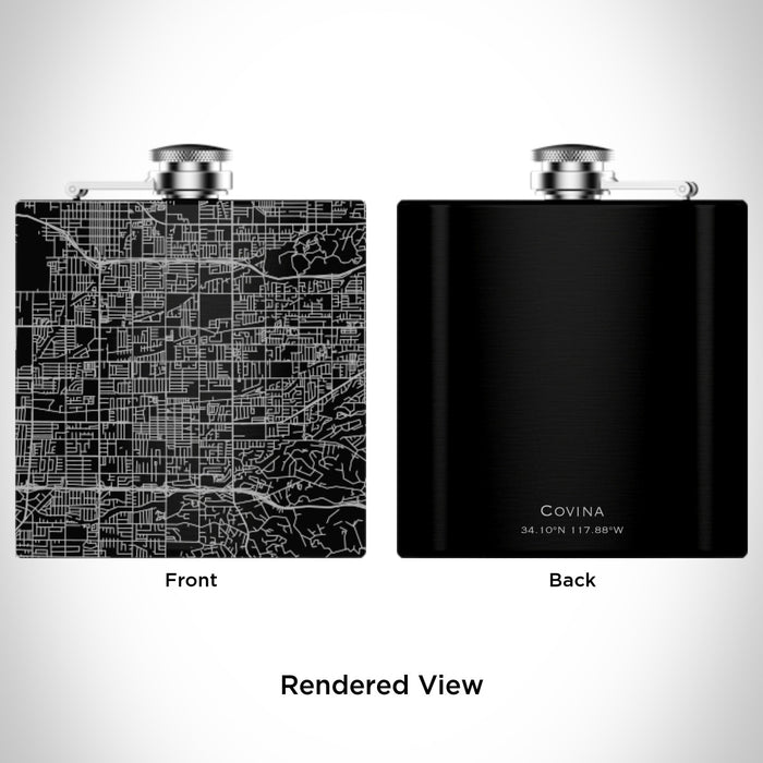 Rendered View of Covina California Map Engraving on 6oz Stainless Steel Flask in Black