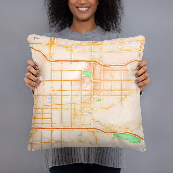 Person holding 18x18 Custom Covina California Map Throw Pillow in Watercolor
