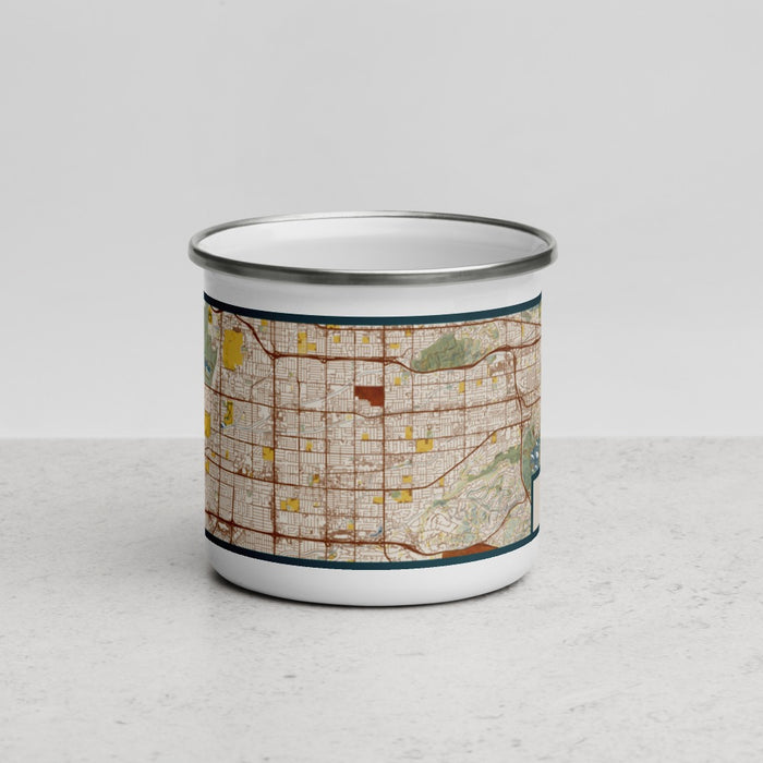 Front View Custom Covina California Map Enamel Mug in Woodblock