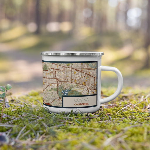 Right View Custom Covina California Map Enamel Mug in Woodblock on Grass With Trees in Background