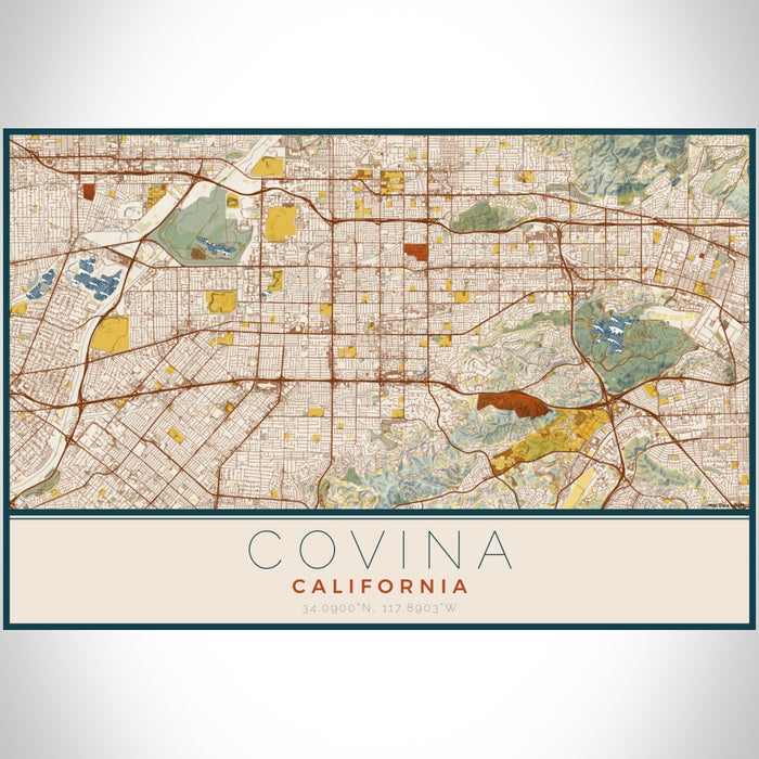 Covina California Map Print Landscape Orientation in Woodblock Style With Shaded Background