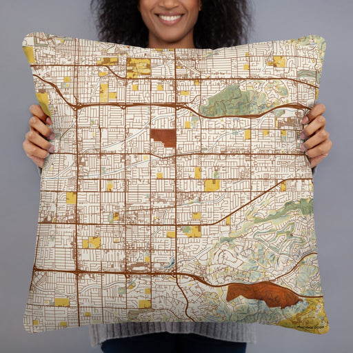 Person holding 22x22 Custom Covina California Map Throw Pillow in Woodblock