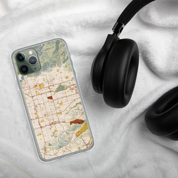 Custom Covina California Map Phone Case in Woodblock on Table with Black Headphones
