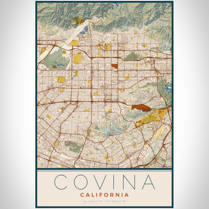 Covina California Map Print Portrait Orientation in Woodblock Style With Shaded Background