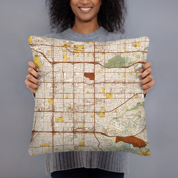 Person holding 18x18 Custom Covina California Map Throw Pillow in Woodblock