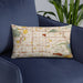 Custom Covina California Map Throw Pillow in Woodblock on Blue Colored Chair