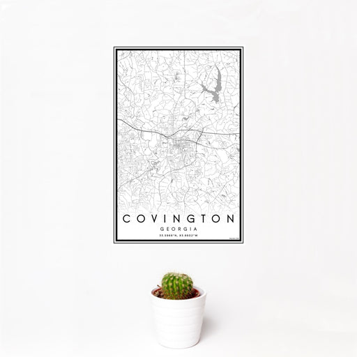 12x18 Covington Georgia Map Print Portrait Orientation in Classic Style With Small Cactus Plant in White Planter