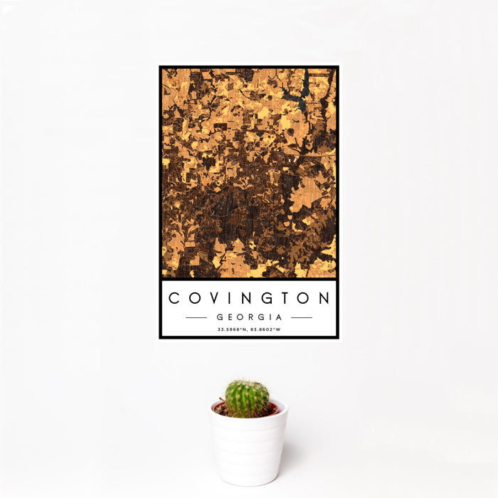 12x18 Covington Georgia Map Print Portrait Orientation in Ember Style With Small Cactus Plant in White Planter