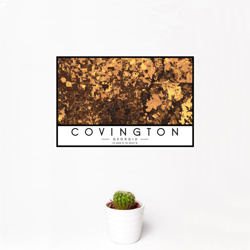 12x18 Covington Georgia Map Print Landscape Orientation in Ember Style With Small Cactus Plant in White Planter