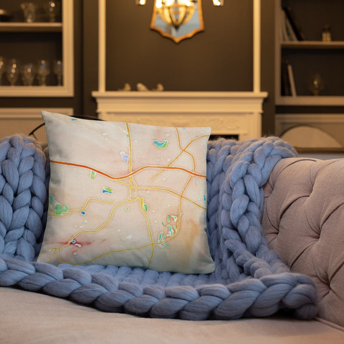 Custom Covington Georgia Map Throw Pillow in Watercolor on Cream Colored Couch