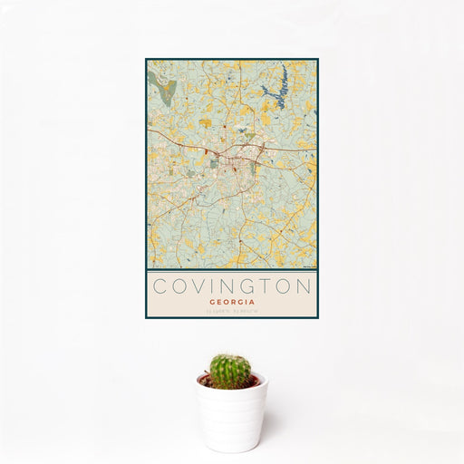 12x18 Covington Georgia Map Print Portrait Orientation in Woodblock Style With Small Cactus Plant in White Planter