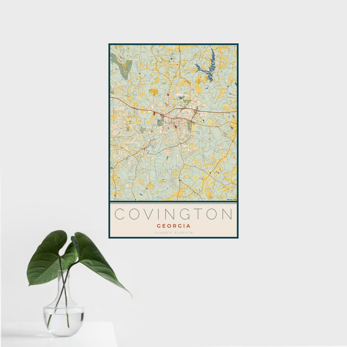 16x24 Covington Georgia Map Print Portrait Orientation in Woodblock Style With Tropical Plant Leaves in Water