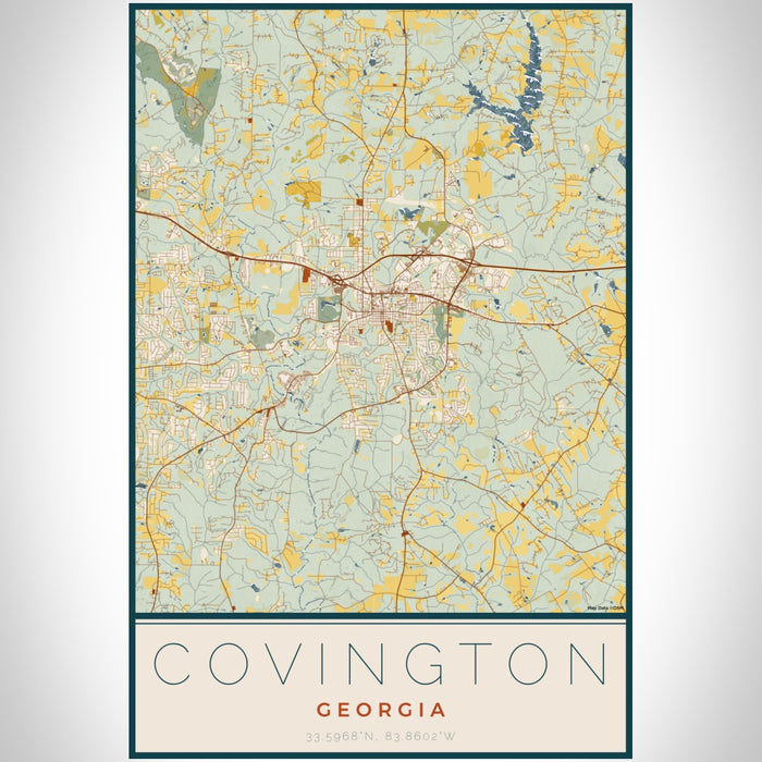 Covington Georgia Map Print Portrait Orientation in Woodblock Style With Shaded Background