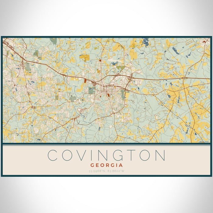 Covington Georgia Map Print Landscape Orientation in Woodblock Style With Shaded Background