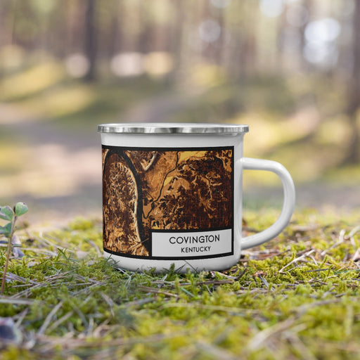 Right View Custom Covington Kentucky Map Enamel Mug in Ember on Grass With Trees in Background