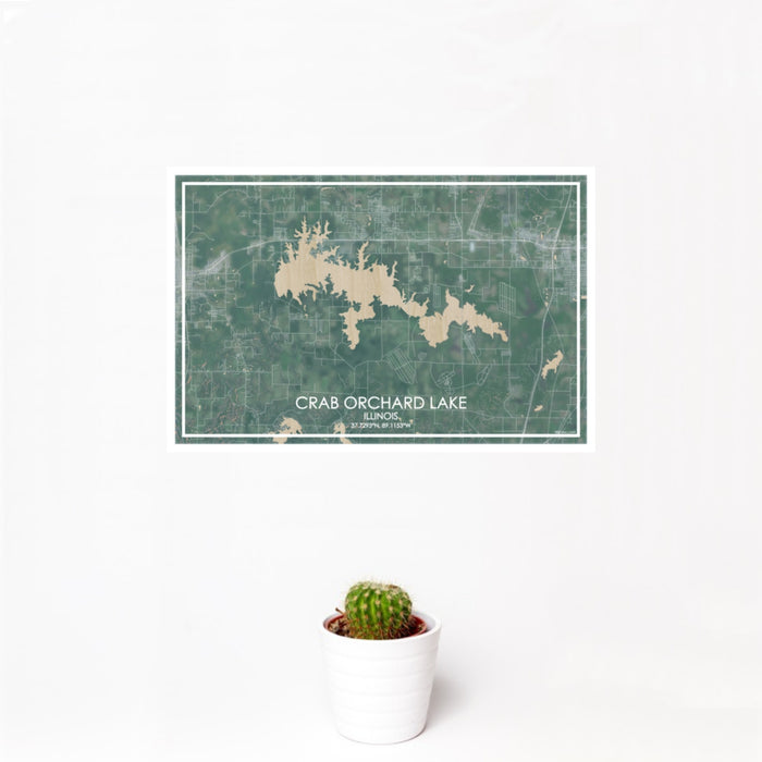 12x18 Crab Orchard Lake Illinois Map Print Landscape Orientation in Afternoon Style With Small Cactus Plant in White Planter