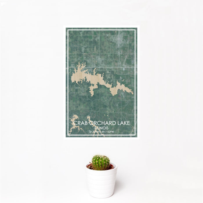 12x18 Crab Orchard Lake Illinois Map Print Portrait Orientation in Afternoon Style With Small Cactus Plant in White Planter