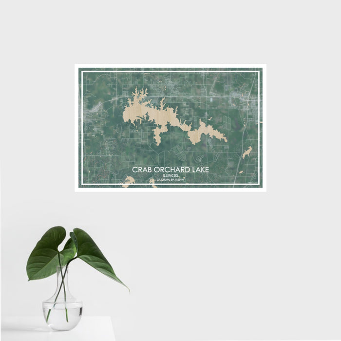 16x24 Crab Orchard Lake Illinois Map Print Landscape Orientation in Afternoon Style With Tropical Plant Leaves in Water