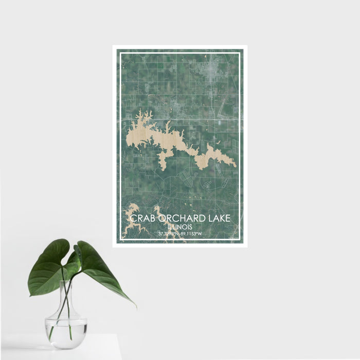 16x24 Crab Orchard Lake Illinois Map Print Portrait Orientation in Afternoon Style With Tropical Plant Leaves in Water