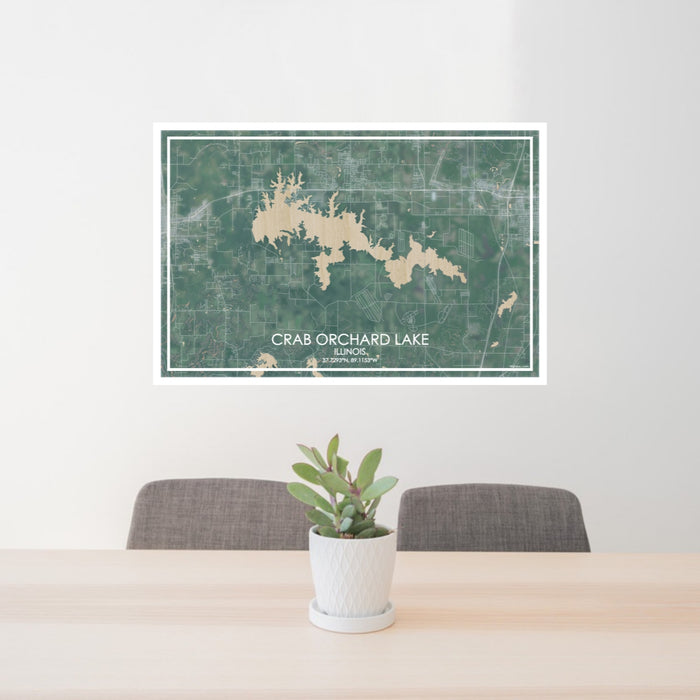 24x36 Crab Orchard Lake Illinois Map Print Lanscape Orientation in Afternoon Style Behind 2 Chairs Table and Potted Plant