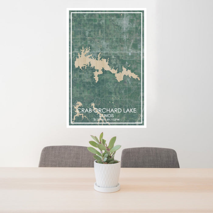 24x36 Crab Orchard Lake Illinois Map Print Portrait Orientation in Afternoon Style Behind 2 Chairs Table and Potted Plant