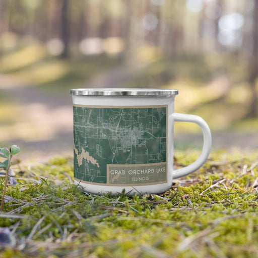 Right View Custom Crab Orchard Lake Illinois Map Enamel Mug in Afternoon on Grass With Trees in Background
