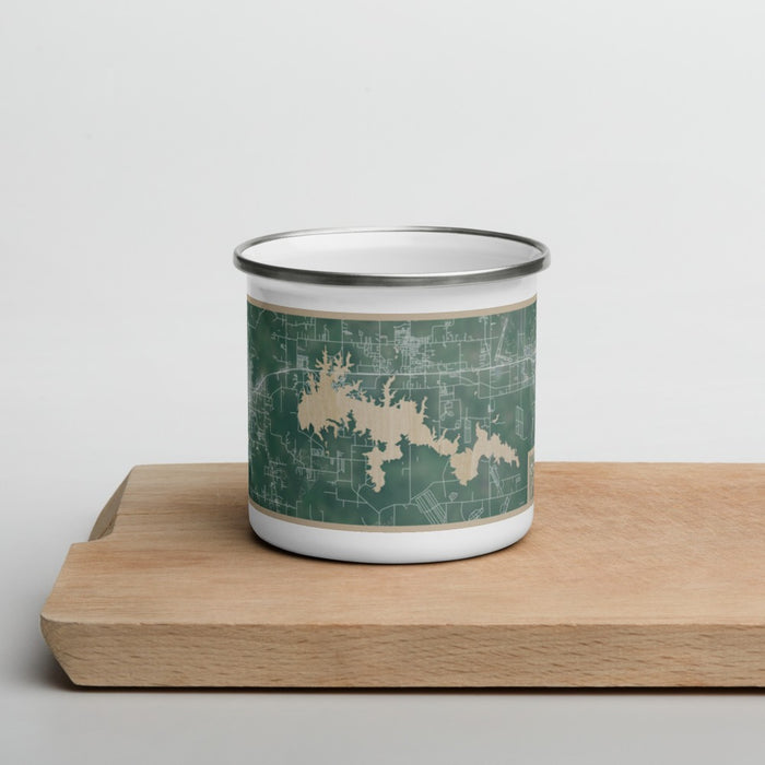 Front View Custom Crab Orchard Lake Illinois Map Enamel Mug in Afternoon on Cutting Board