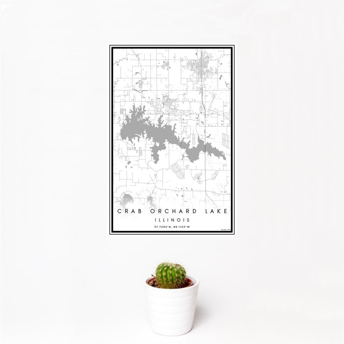 12x18 Crab Orchard Lake Illinois Map Print Portrait Orientation in Classic Style With Small Cactus Plant in White Planter