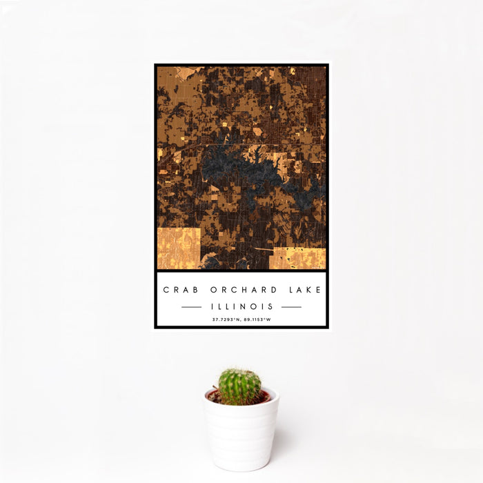 12x18 Crab Orchard Lake Illinois Map Print Portrait Orientation in Ember Style With Small Cactus Plant in White Planter