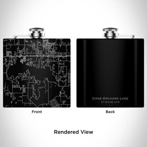 Rendered View of Crab Orchard Lake Illinois Map Engraving on 6oz Stainless Steel Flask in Black
